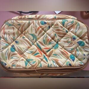Quilted Floral Peacock Print travel jewelry Pouch - Teal & Tan